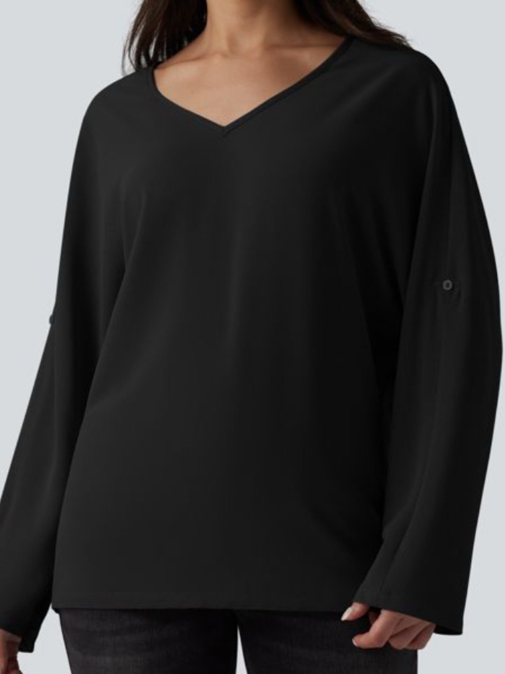 Halara Black V-Neck Long Sleeve Blouse with Roll Tab Sleeves, size XL